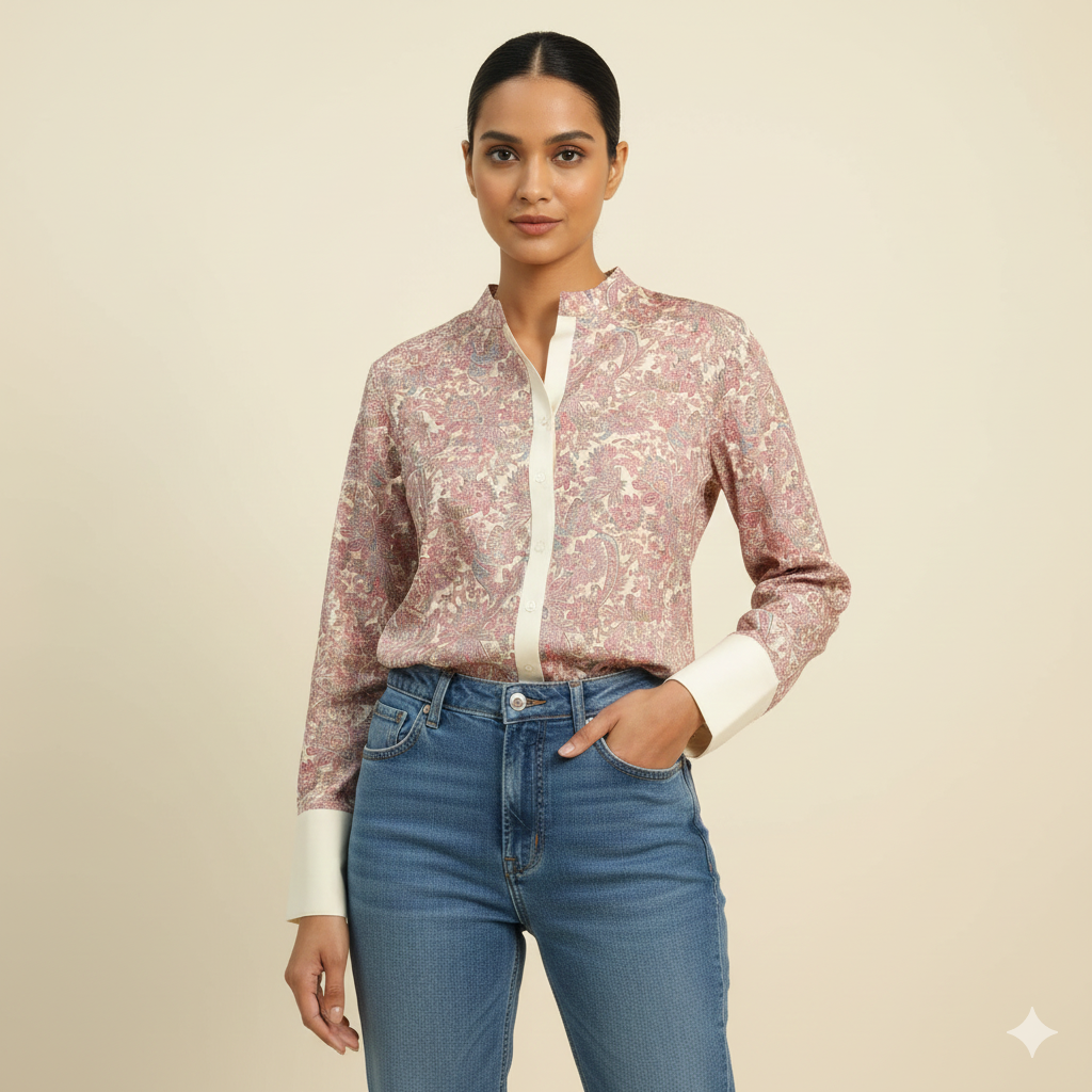 Pink Printed Chiness Collor Cotton Shirt