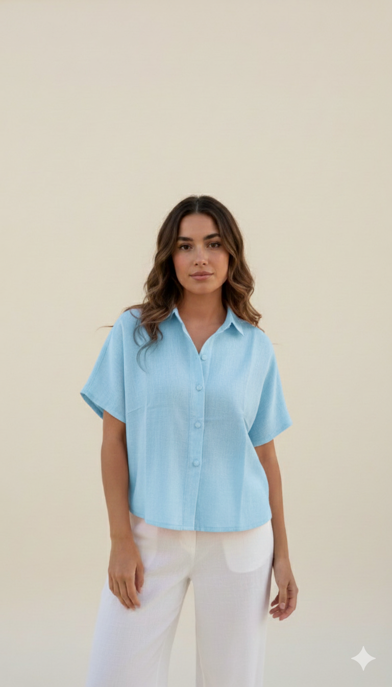 Linen Oversized Shirt for Women  Breathable Sky Blue halfSleevel Shirt