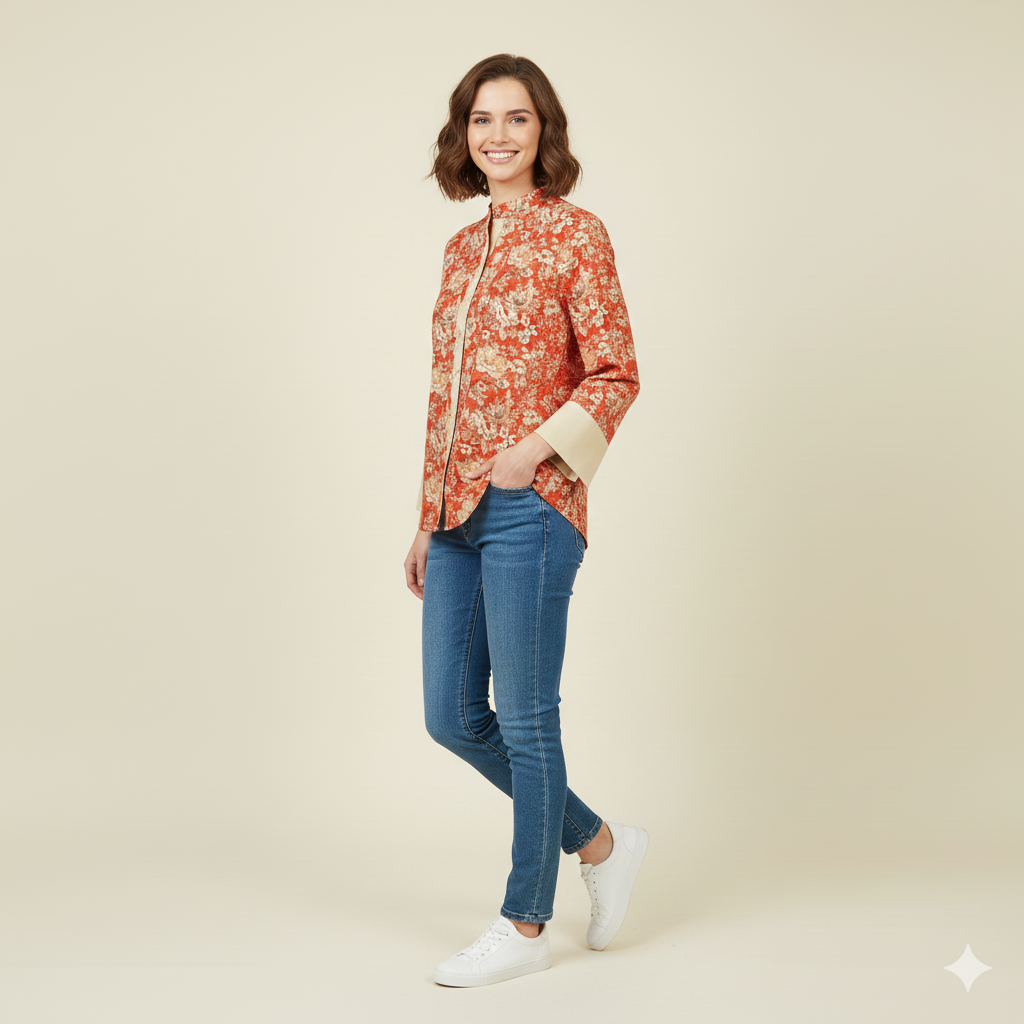 Red Printed Chiness Collor Cotton Shirt