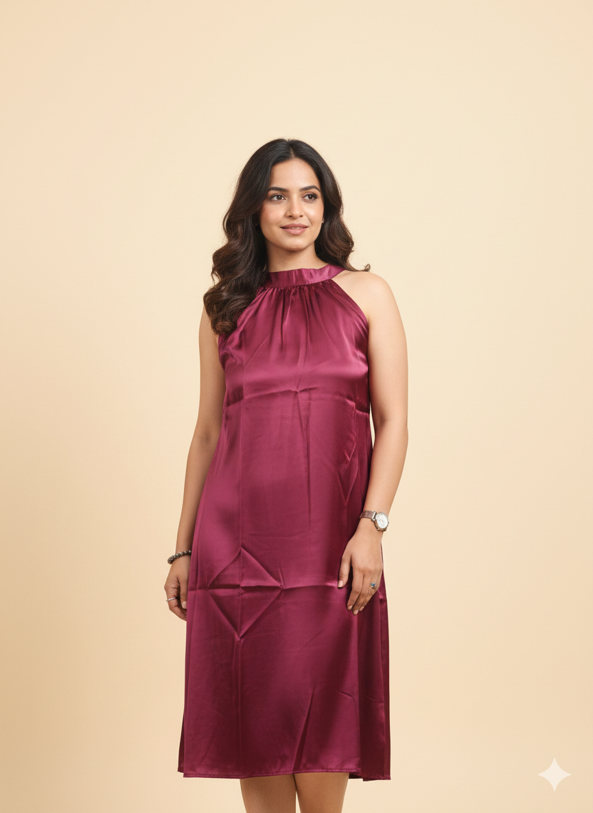Plum wine Satin Halter Neckl one pic for Party Wear Women