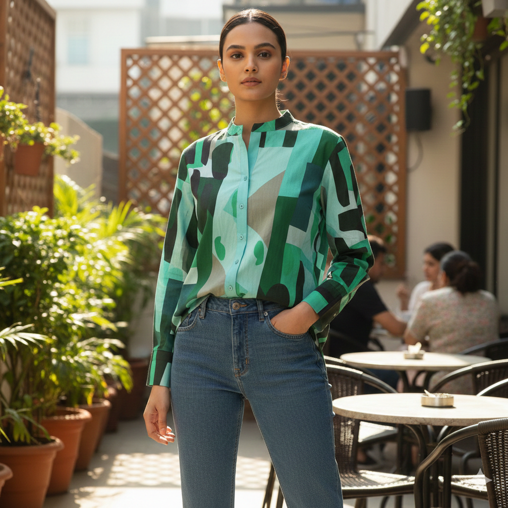 Green Printed Chiness Collor Cotton Shirt