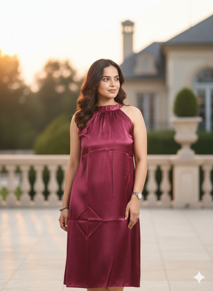 Plum wine Satin Halter Neckl one pic for Party Wear Women