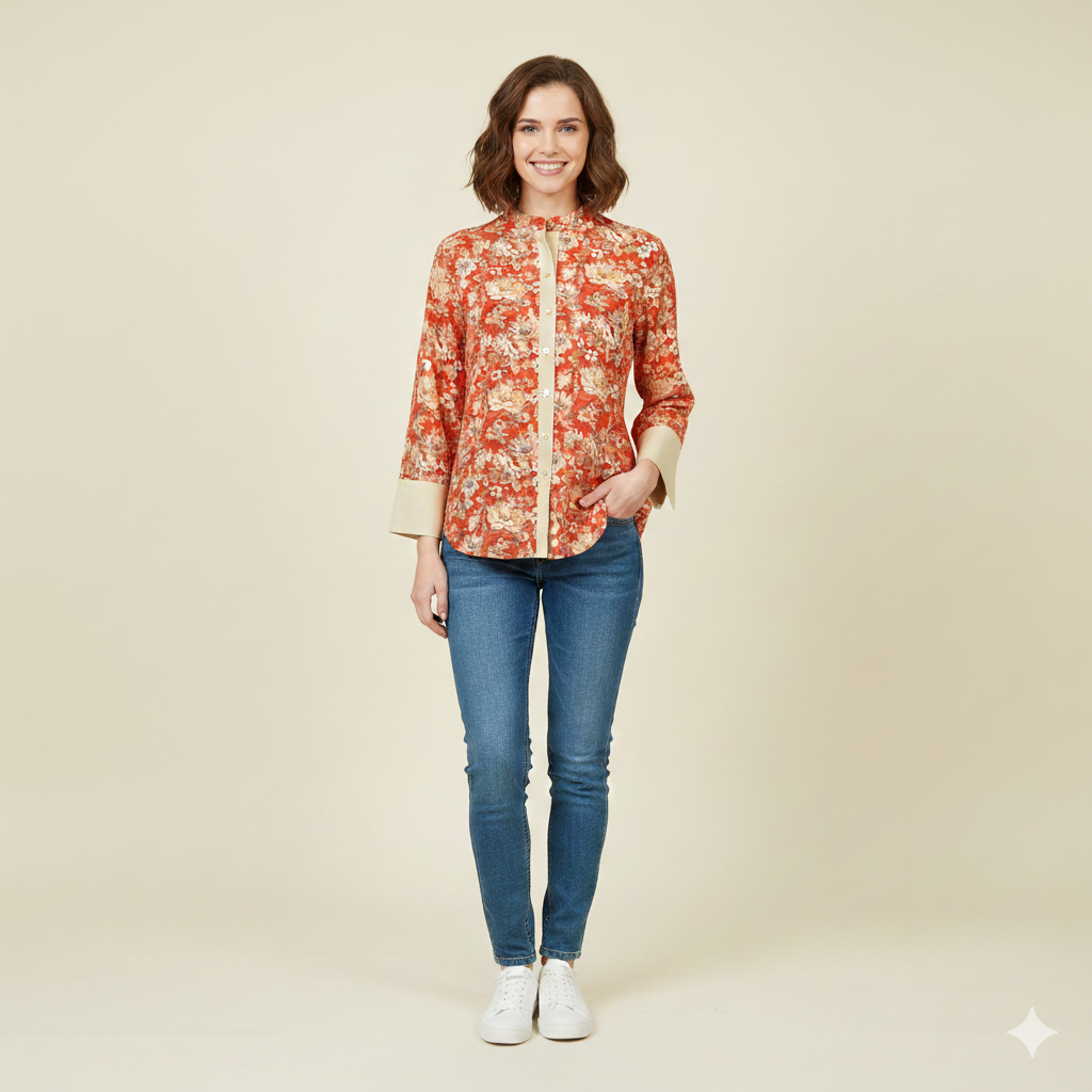 Red Printed Chiness Collor Cotton Shirt