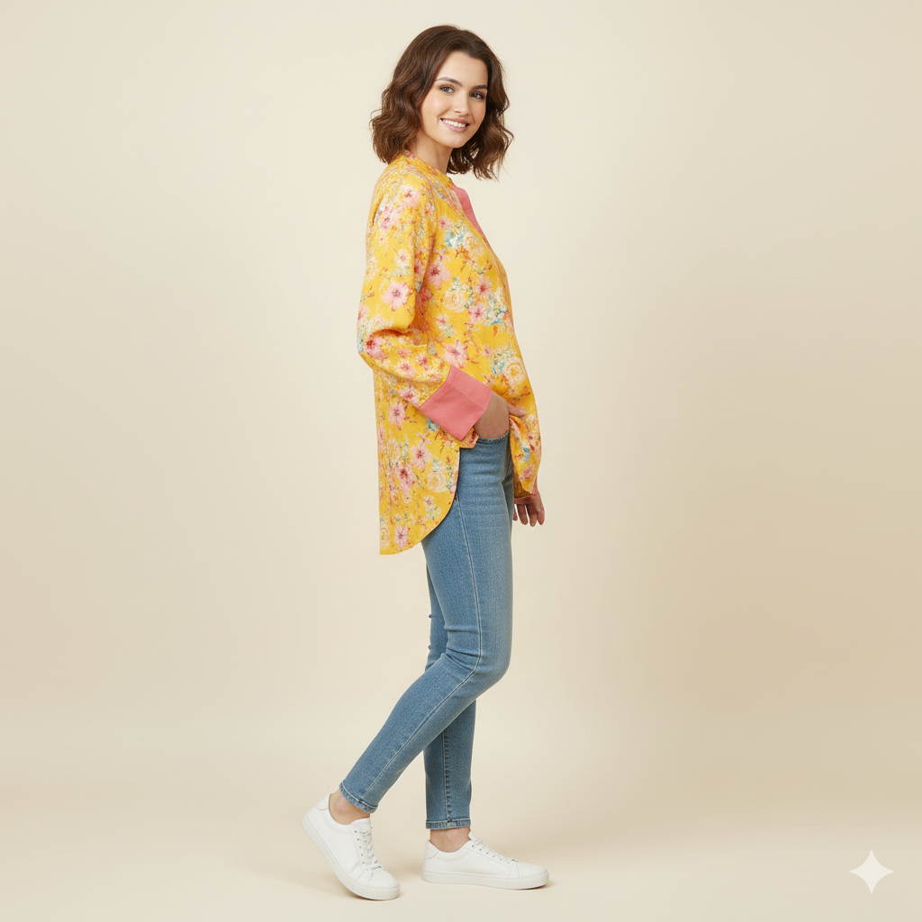Yellow Printed Chiness Collor Cotton Shirt