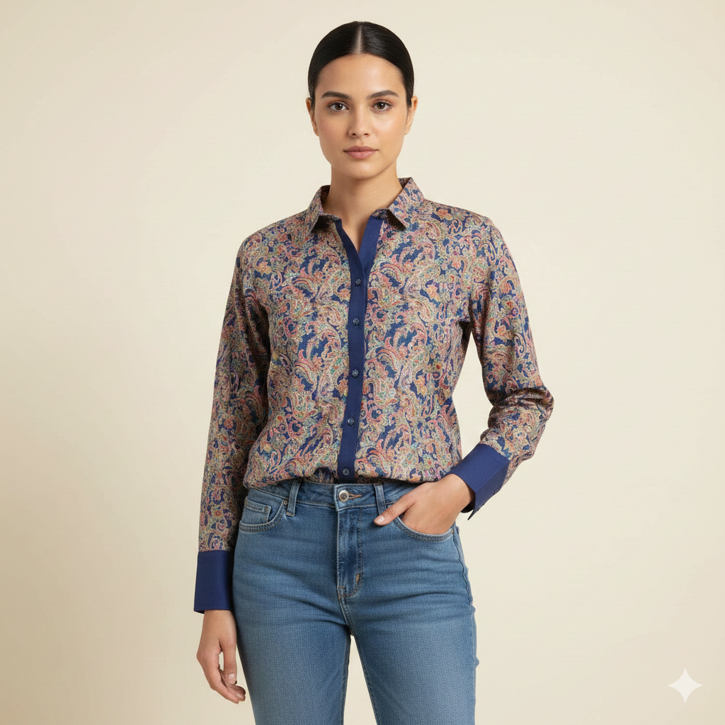 Dark Blue Printed Chiness Collor Cotton Shirt