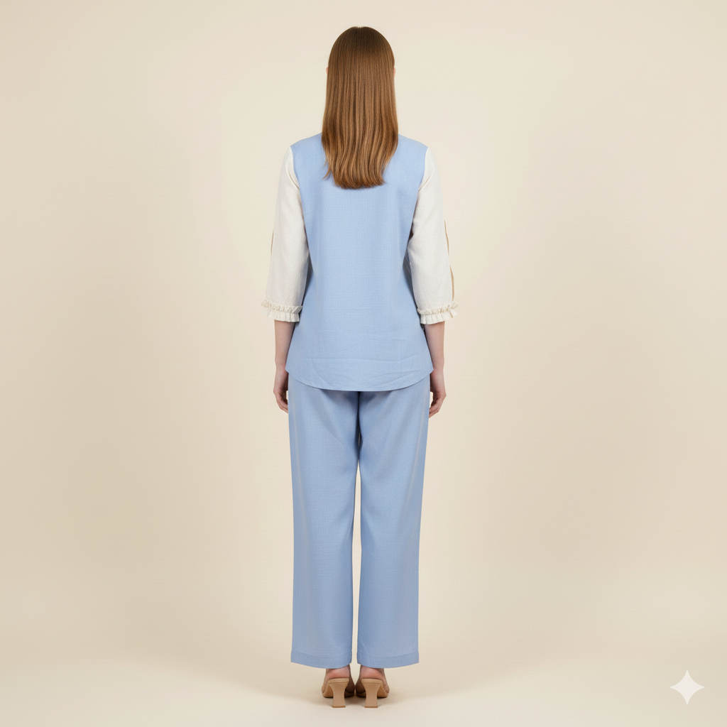 Front Up-down Blue Cream Co-ord Set
