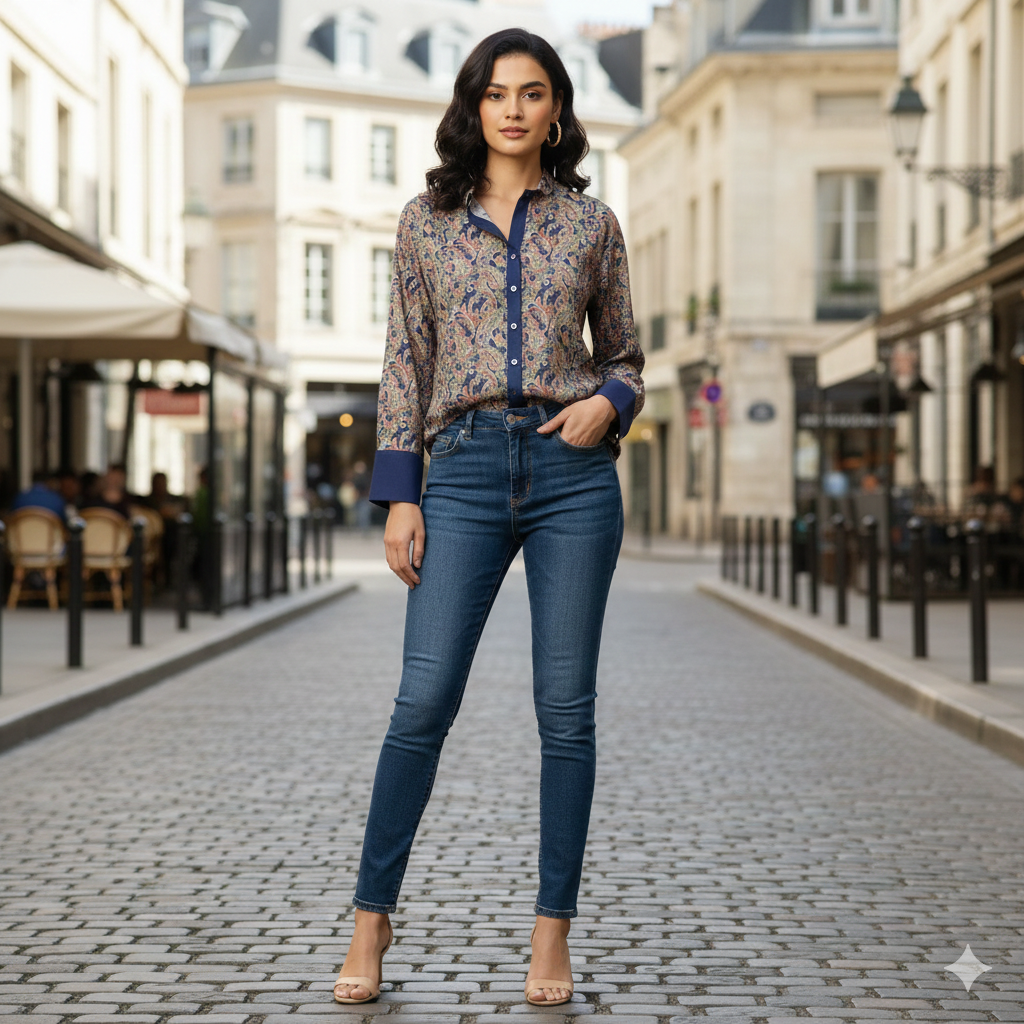 Dark Blue Printed Chiness Collor Cotton Shirt