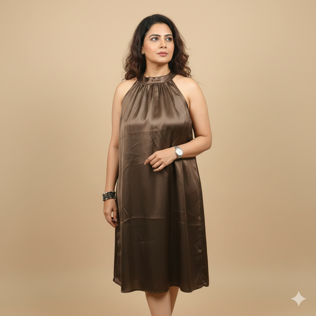 Brown Satin Halter Neckl one pic for Party Wear Women
