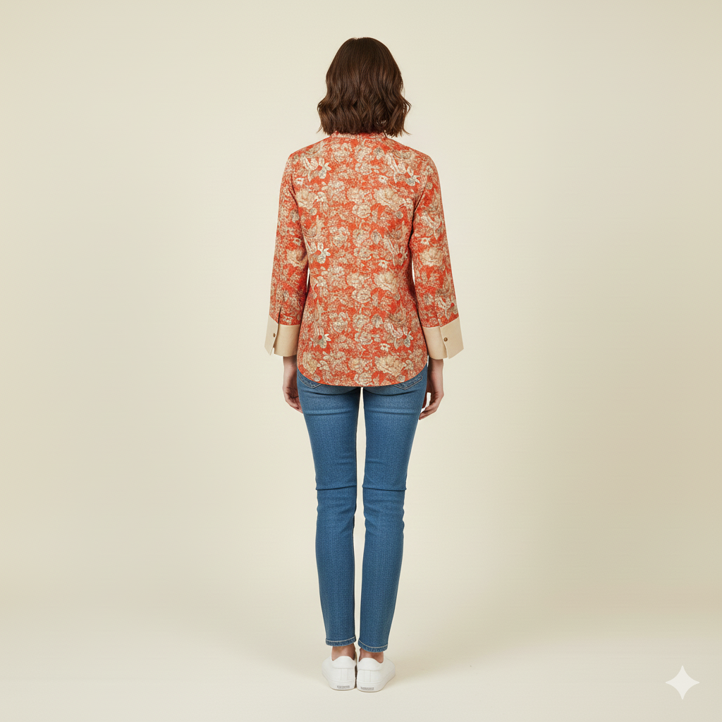 Red Printed Chiness Collor Cotton Shirt