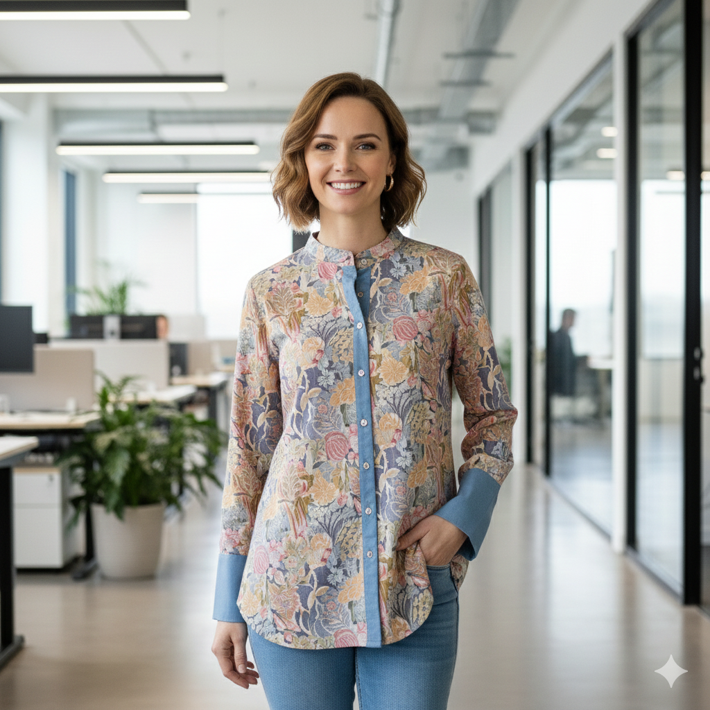Dusty Blue Printed Chiness Collor Cotton Shirt