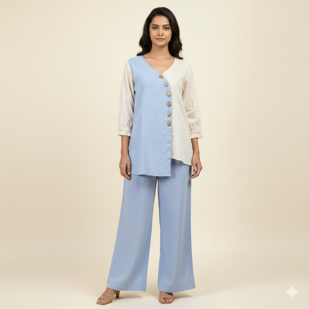 Front Up-down Blue Cream Co-ord Set