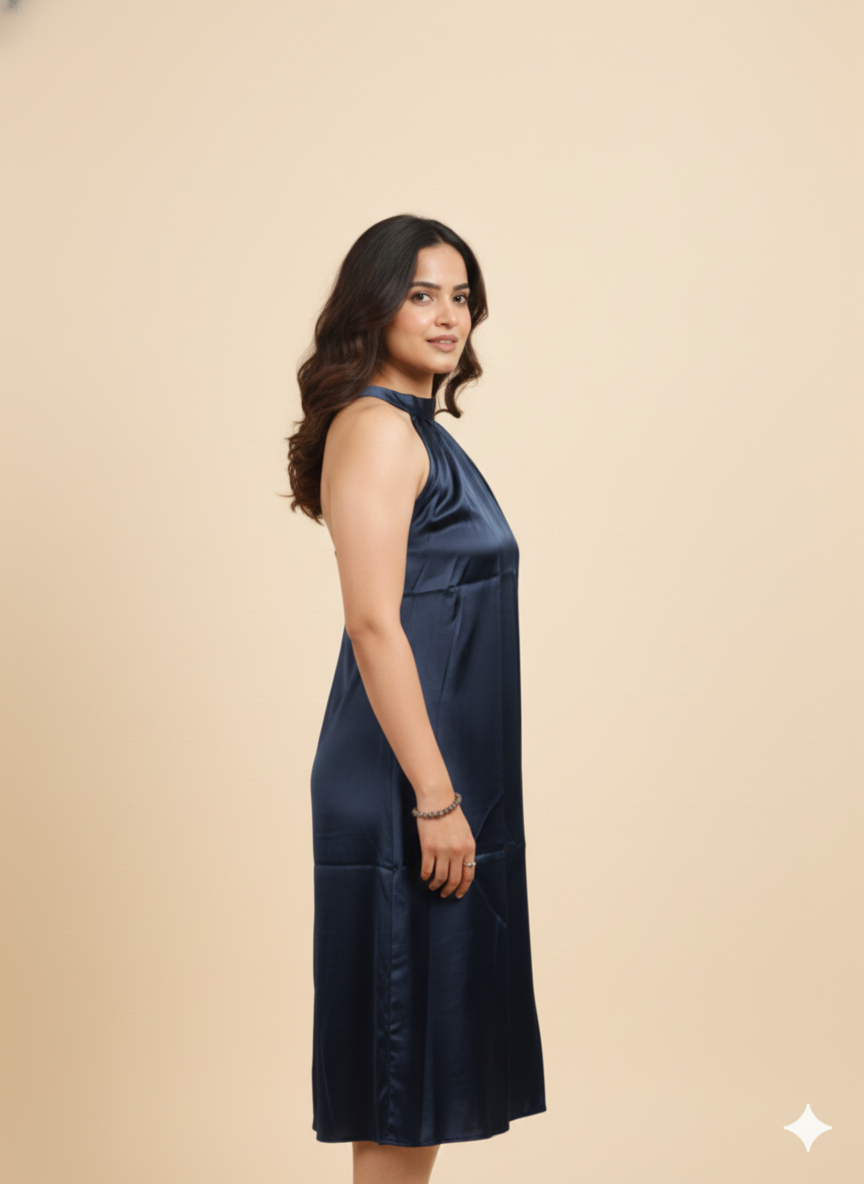 Royal Blue Satin Halter Neckl one pic for Party Wear Women