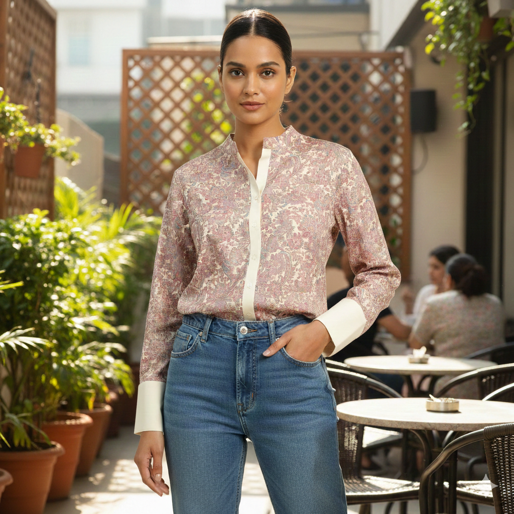 Pink Printed Chiness Collor Cotton Shirt