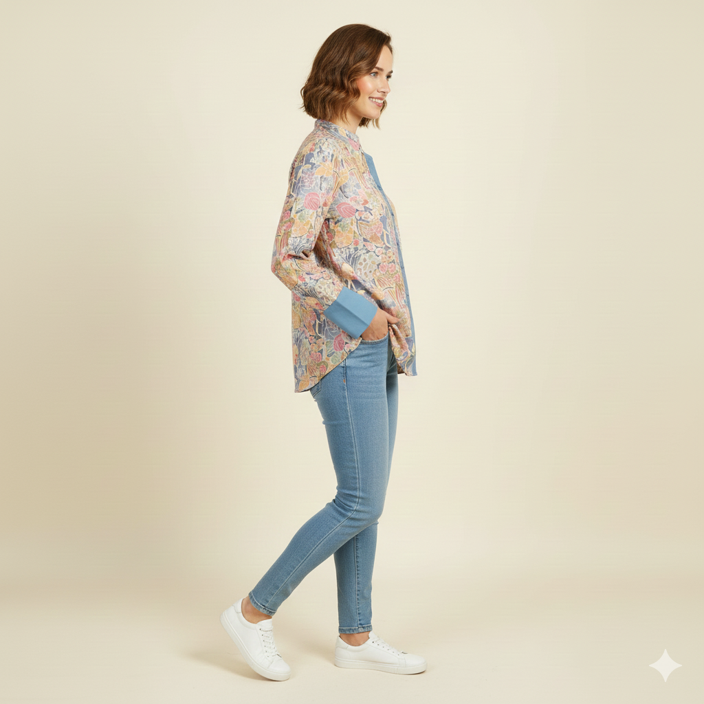 Dusty Blue Printed Chiness Collor Cotton Shirt