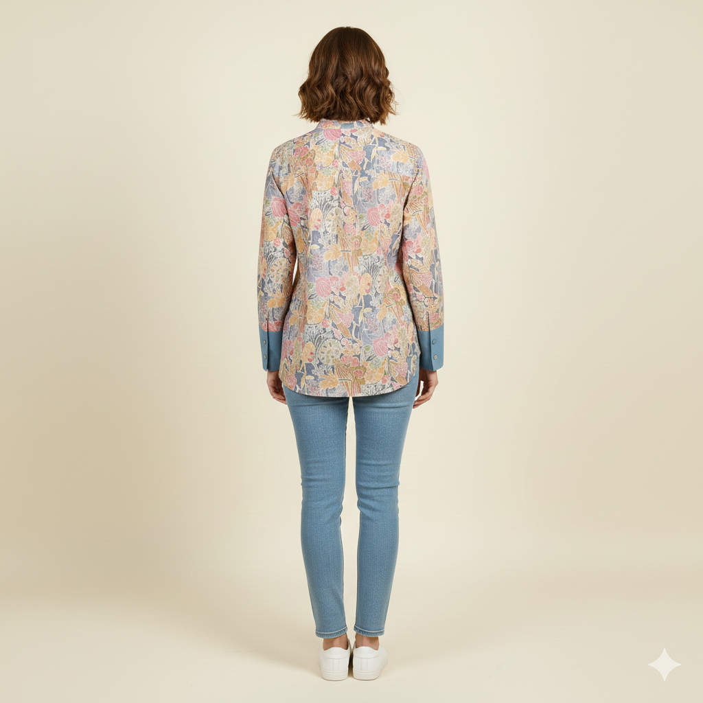Dusty Blue Printed Chiness Collor Cotton Shirt