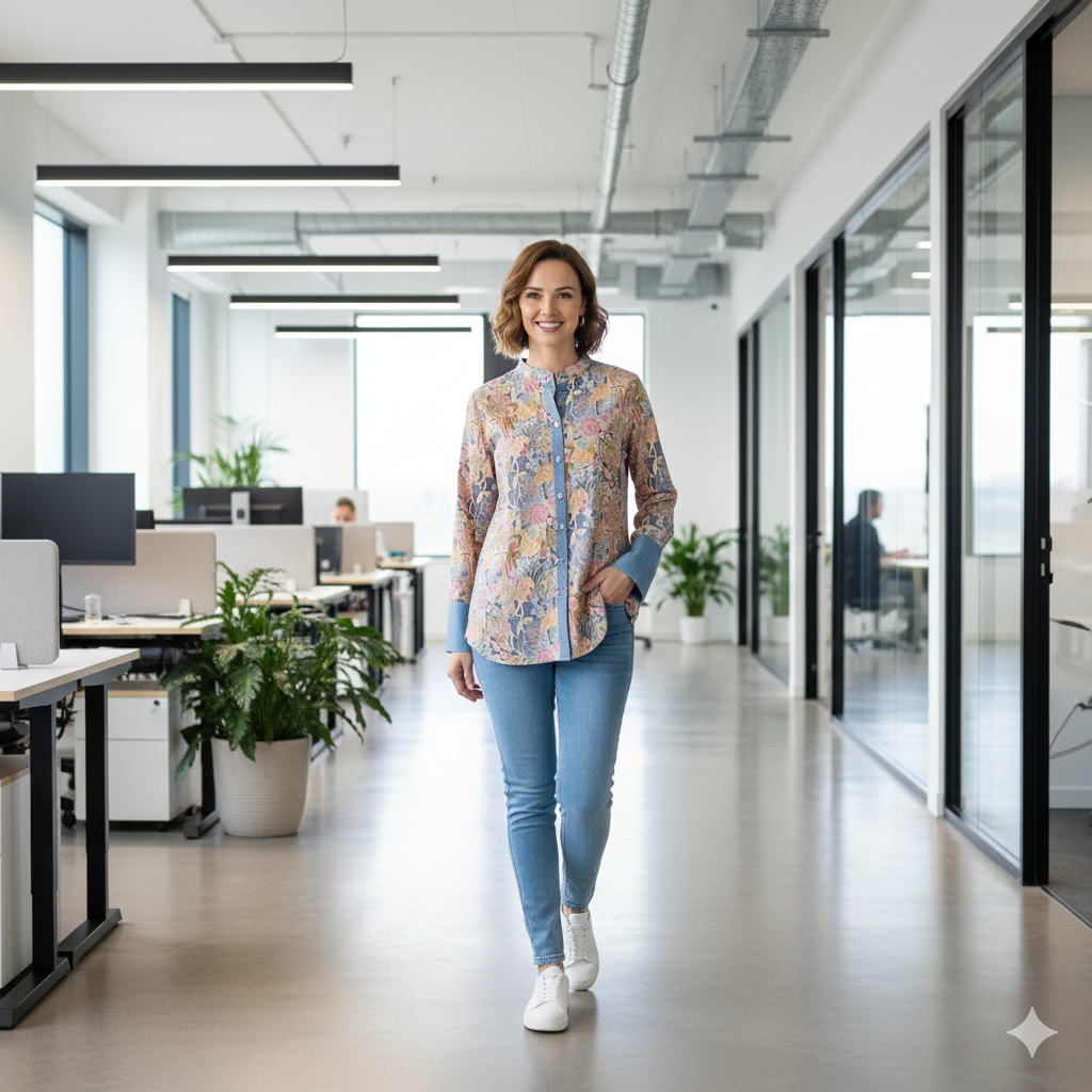Dusty Blue Printed Chiness Collor Cotton Shirt