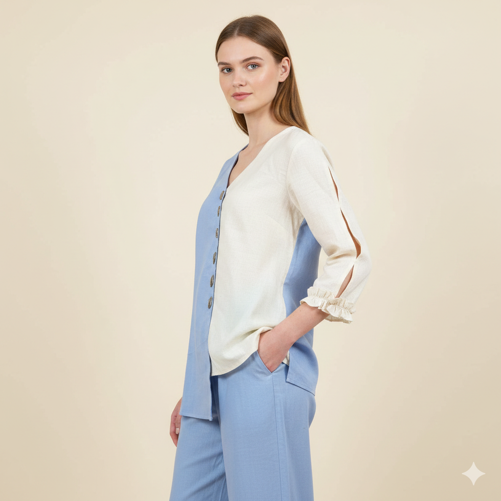 Front Up-down Blue Cream Co-ord Set