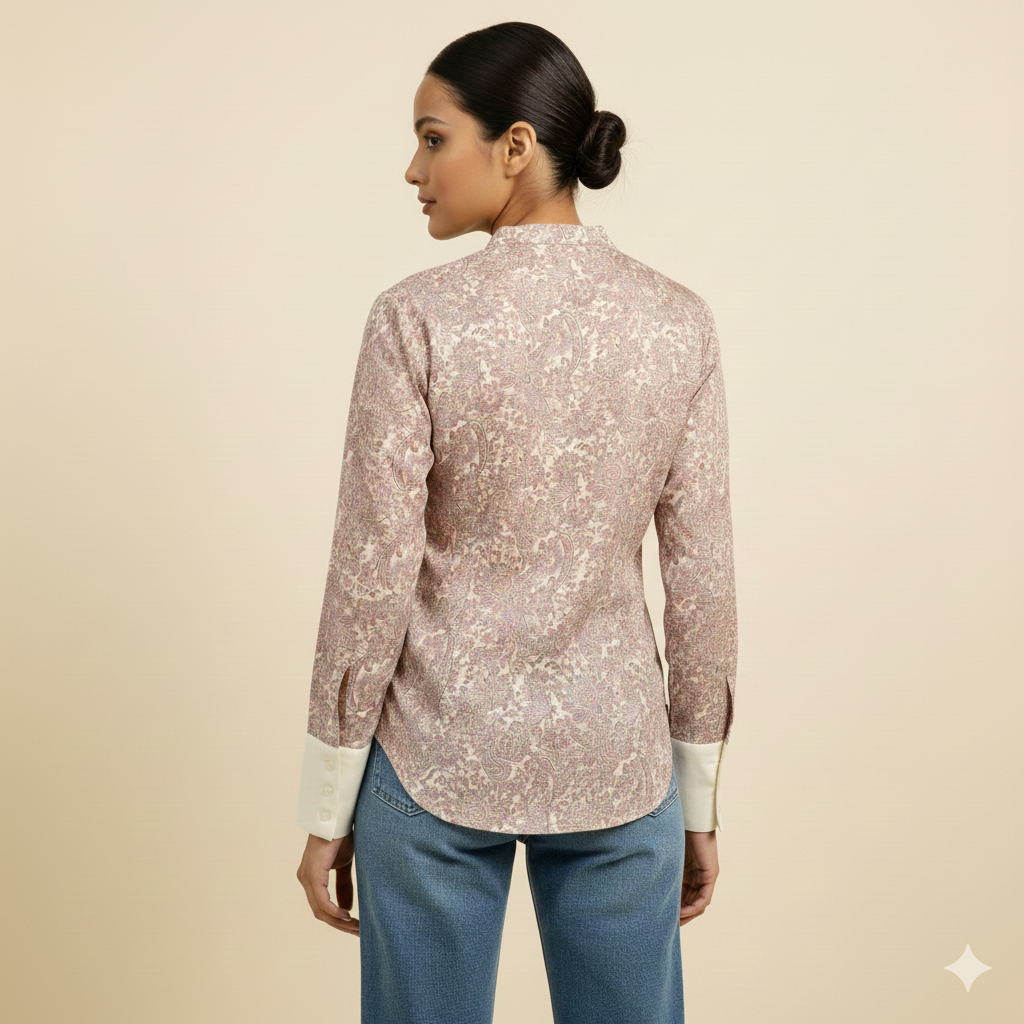 Pink Printed Chiness Collor Cotton Shirt
