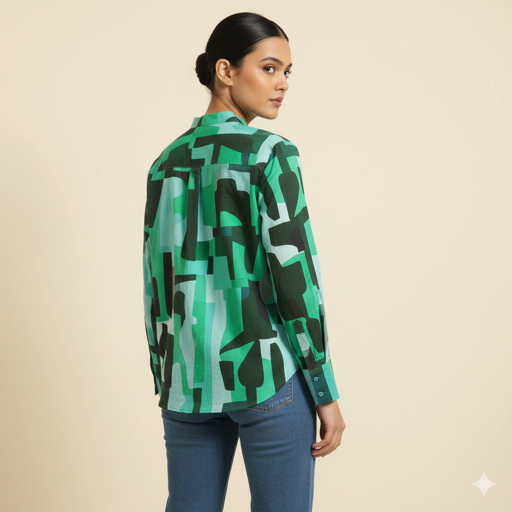 Green Printed Chiness Collor Cotton Shirt