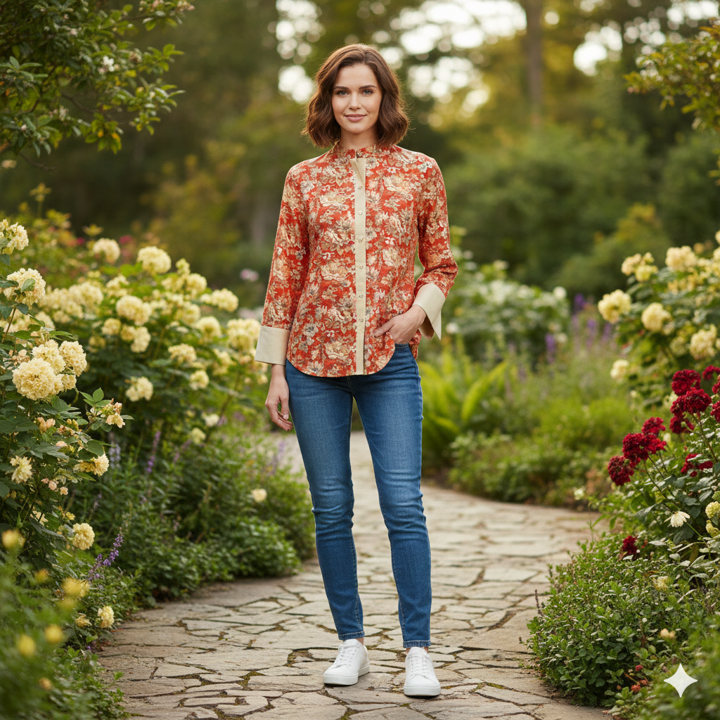 Red Printed Chiness Collor Cotton Shirt