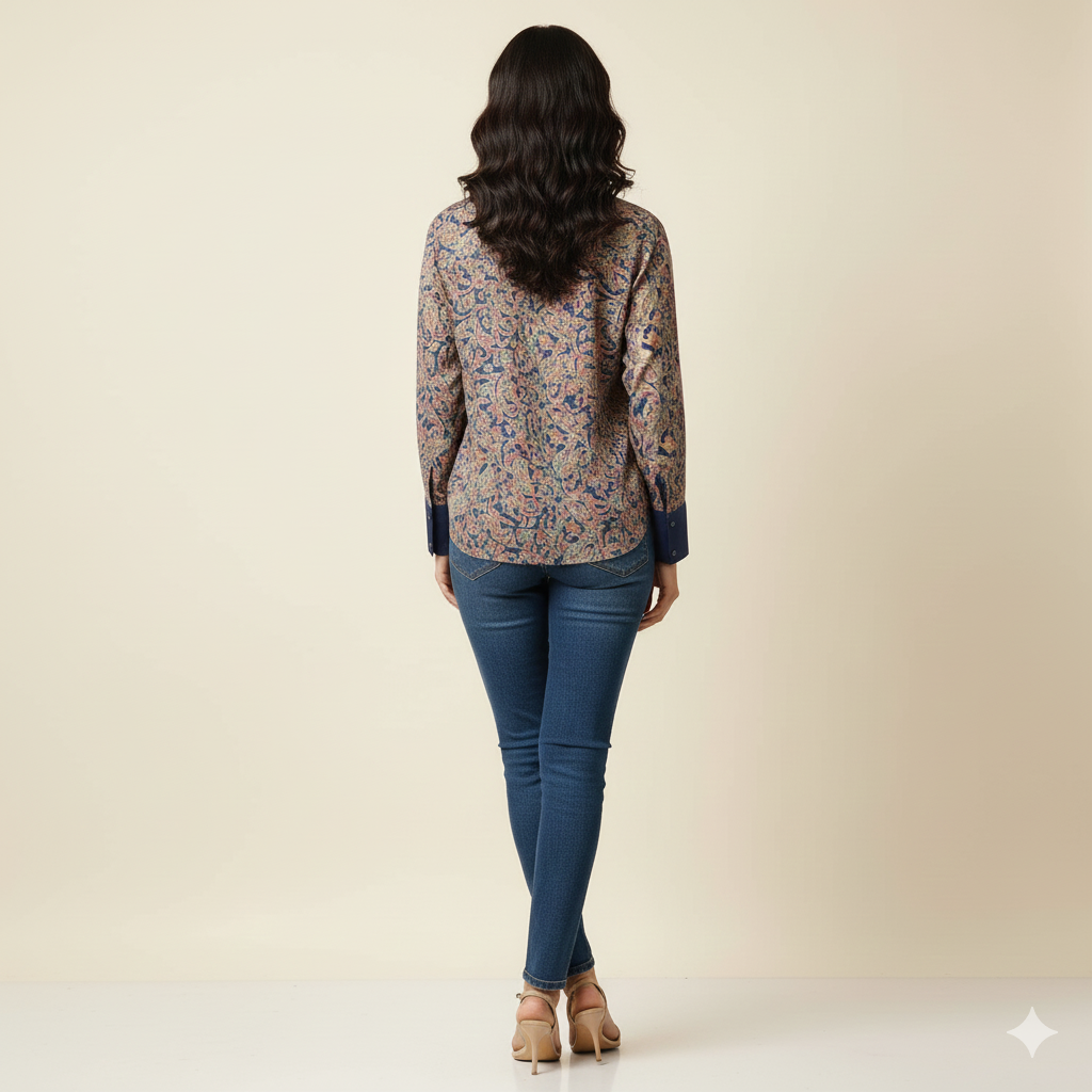 Dark Blue Printed Chiness Collor Cotton Shirt