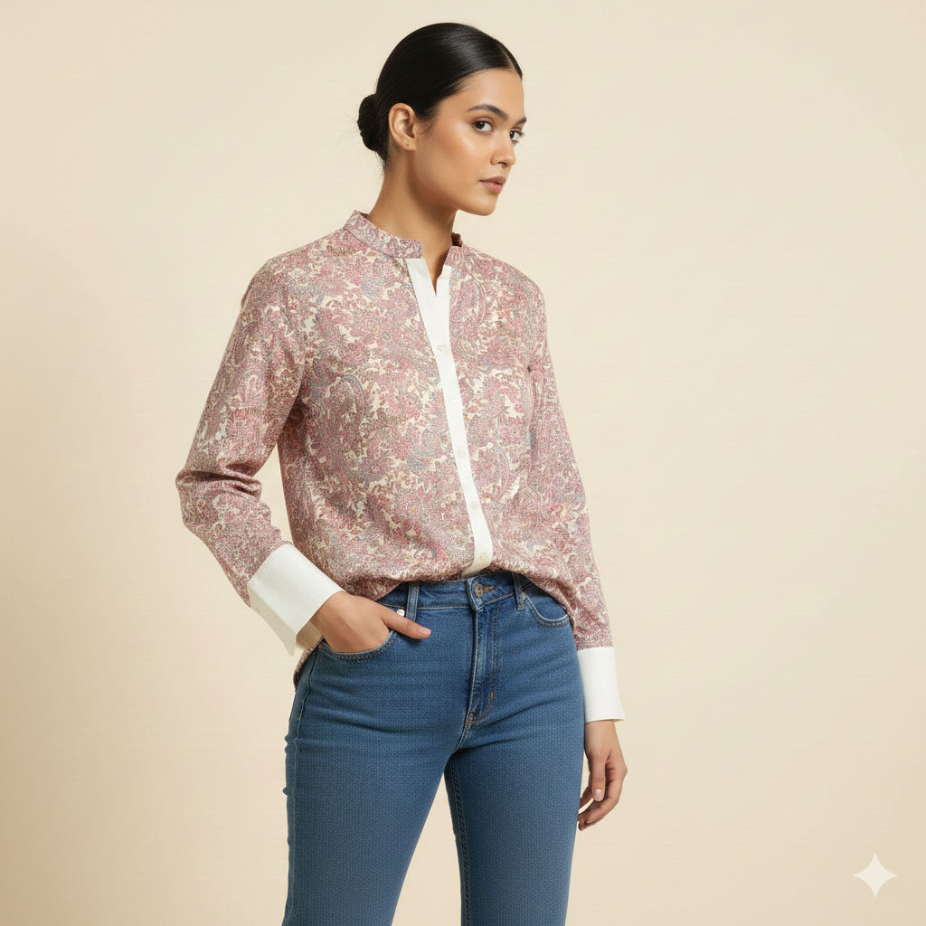 Pink Printed Chiness Collor Cotton Shirt