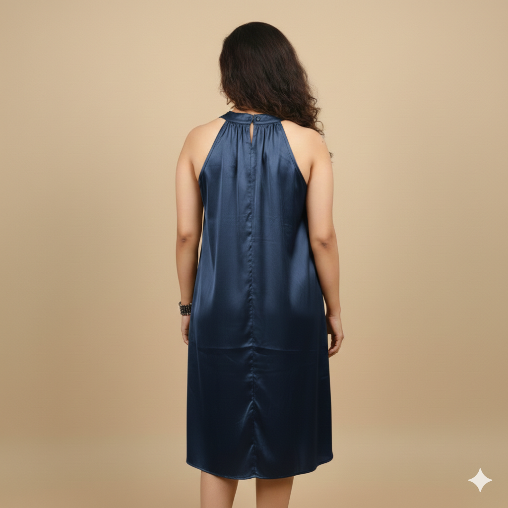 Royal Blue Satin Halter Neckl one pic for Party Wear Women