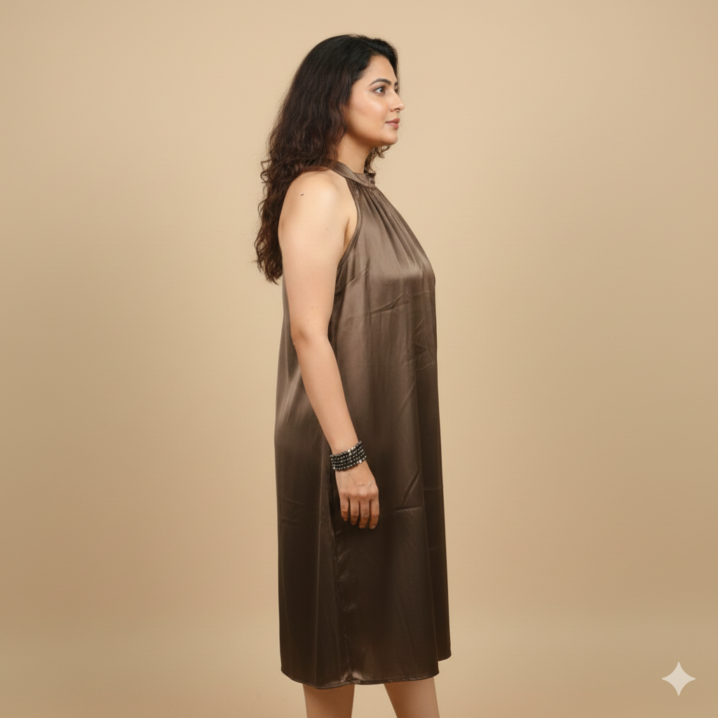 Brown Satin Halter Neckl one pic for Party Wear Women