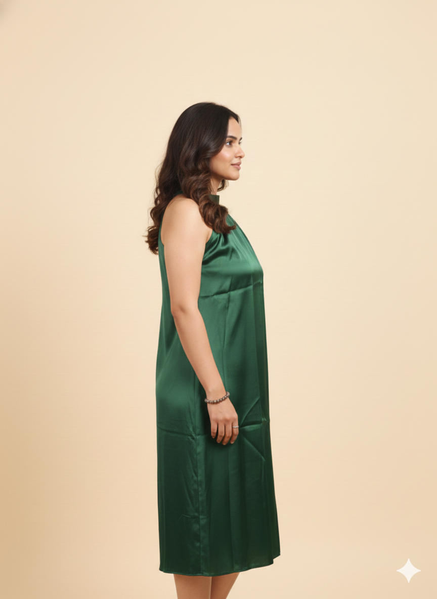 Bottle Green Satin Halter Neckl one pic for Party Wear Women