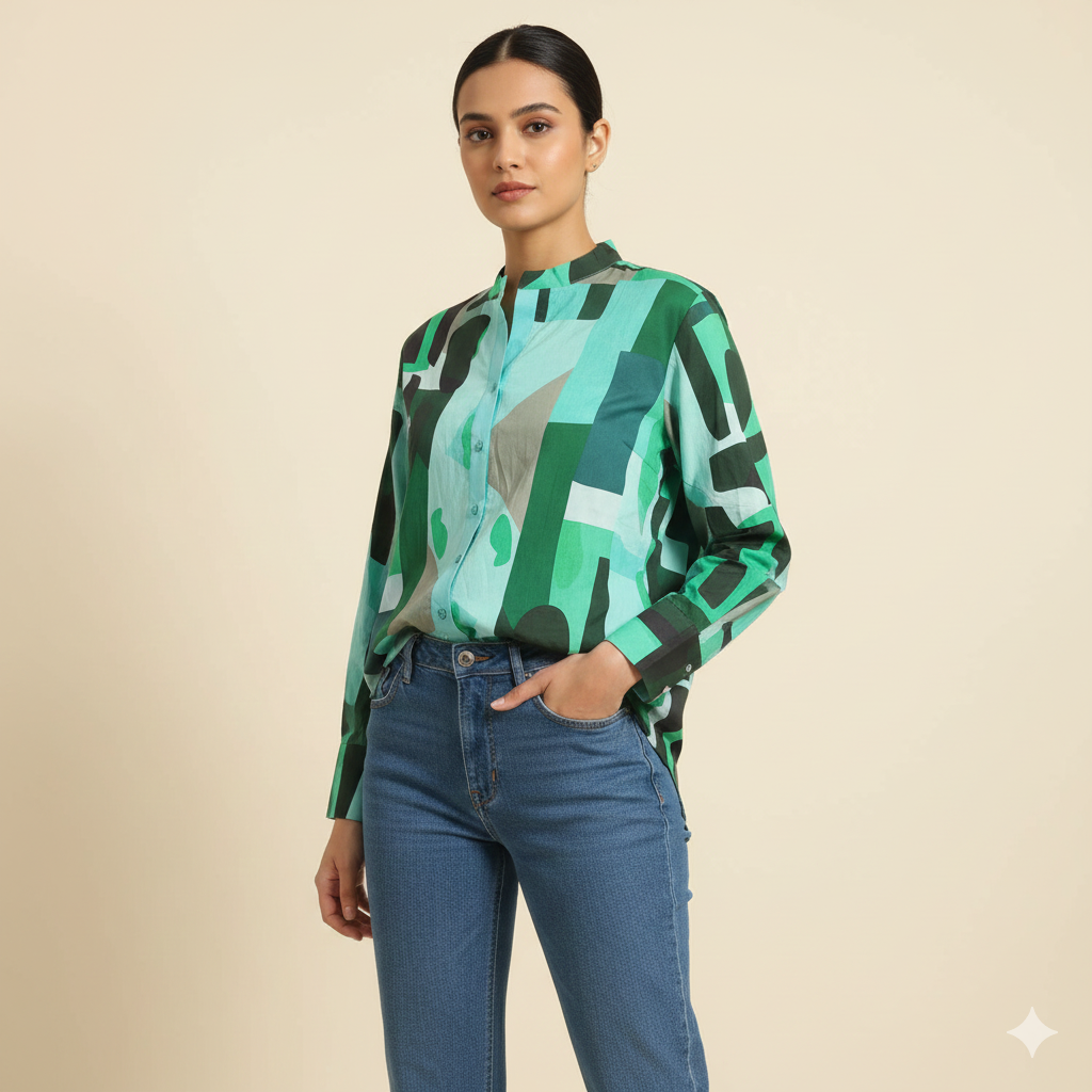 Green Printed Chiness Collor Cotton Shirt