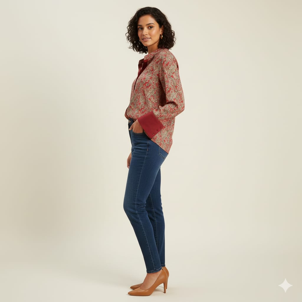 Marron Printed Chiness Collor Cotton Shirt