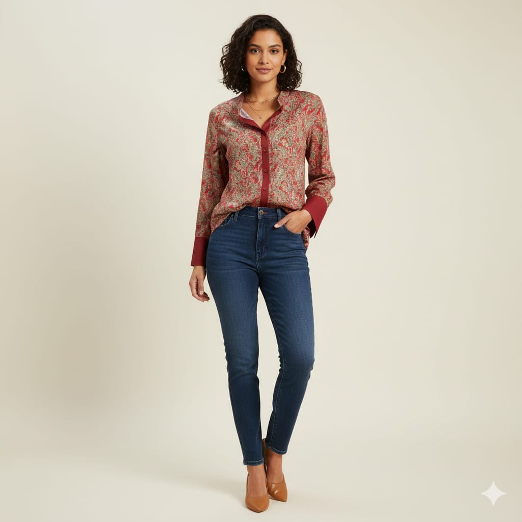 Marron Printed Chiness Collor Cotton Shirt