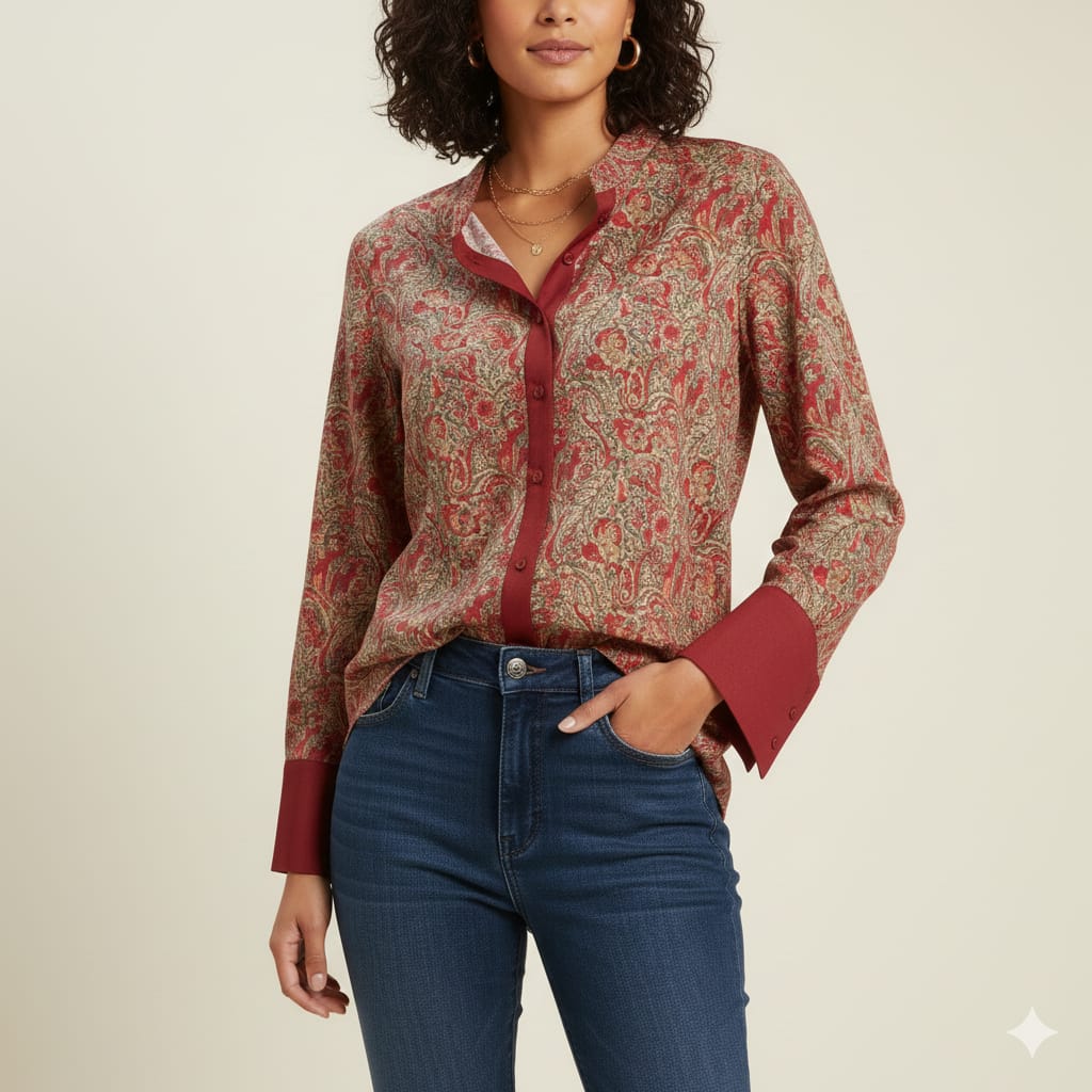 Marron Printed Chiness Collor Cotton Shirt