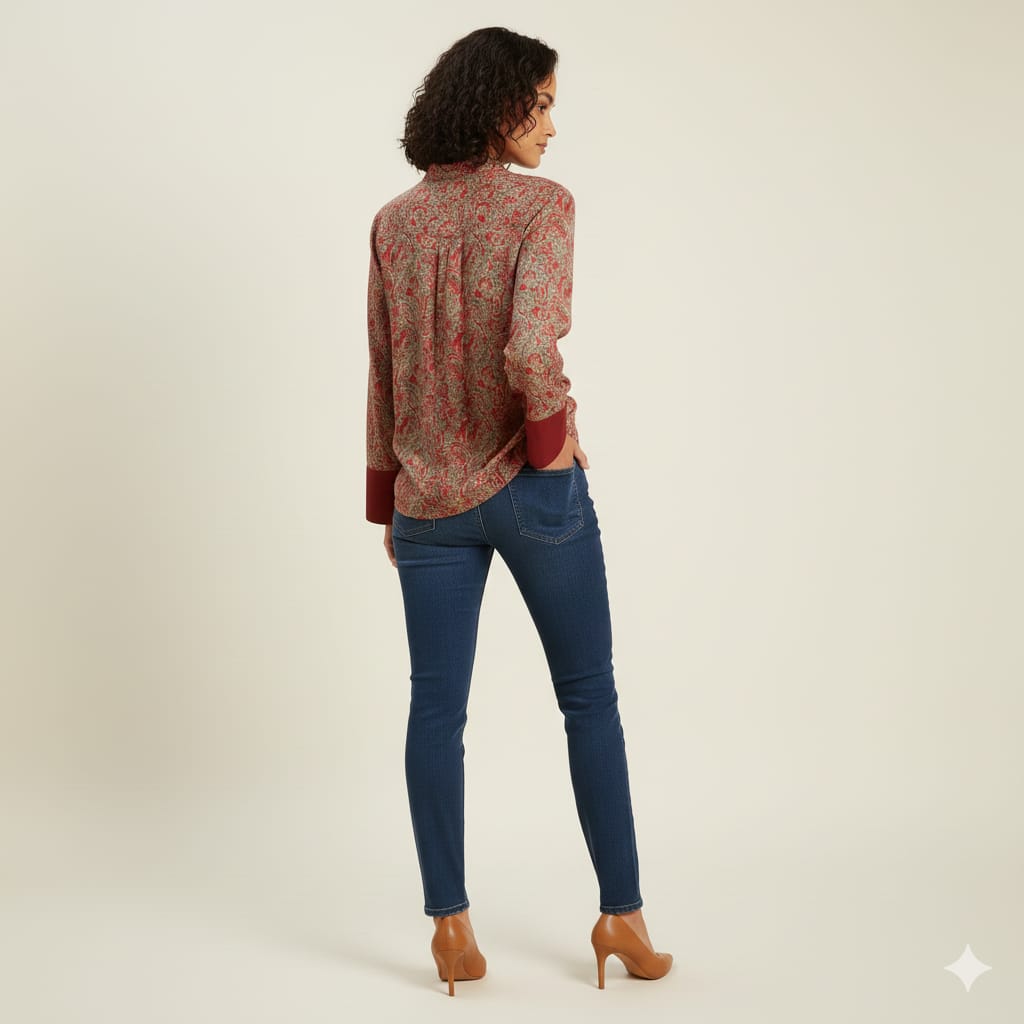 Marron Printed Chiness Collor Cotton Shirt