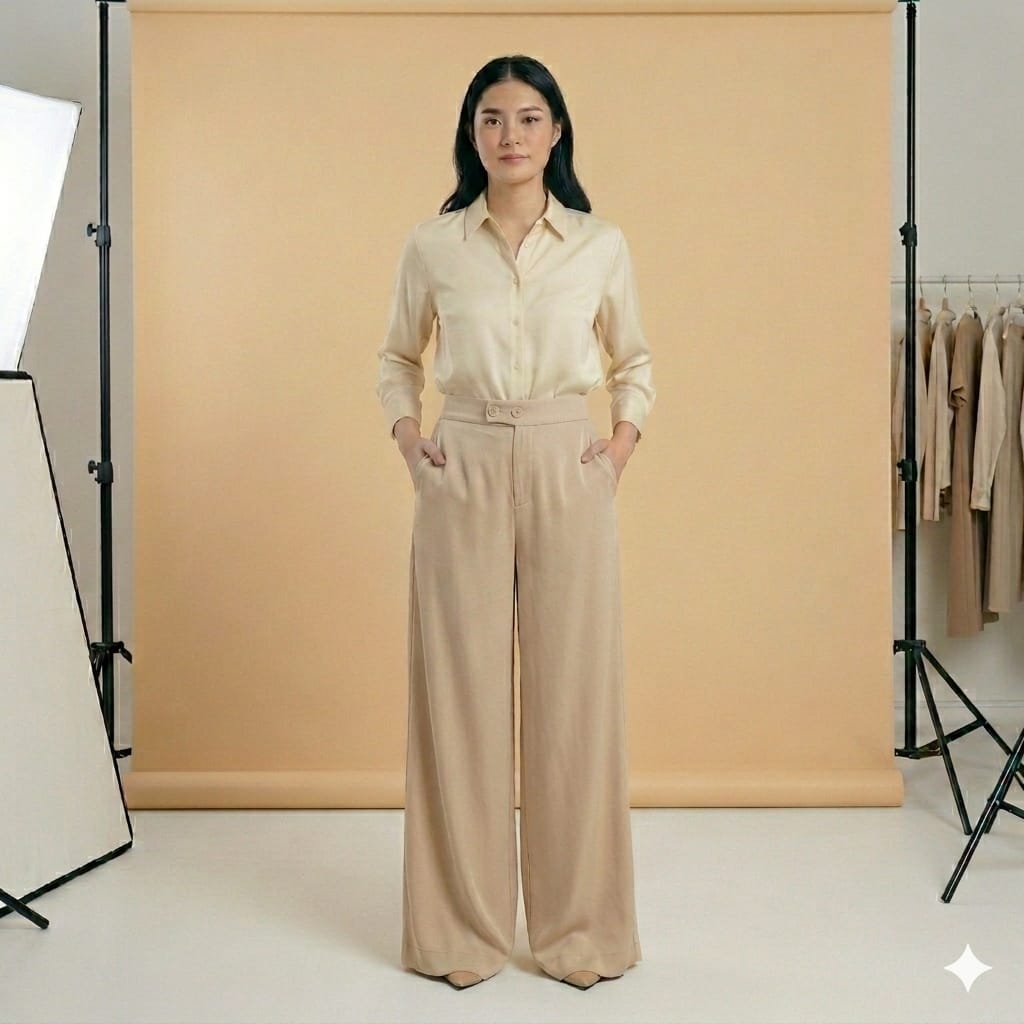Korean Style Beige High-Waist Wide-Leg Pants