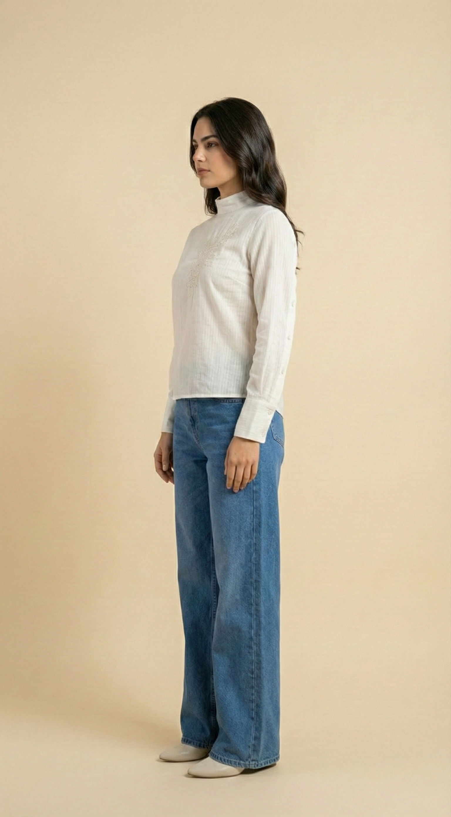 Elegant White Shirt for Women  Invers Style with Customisable Buttoned Sleeves