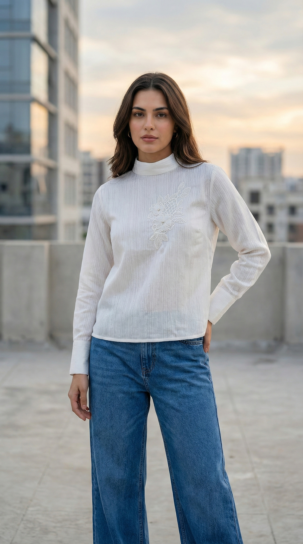 Elegant White Shirt for Women  Invers Style with Customisable Buttoned Sleeves