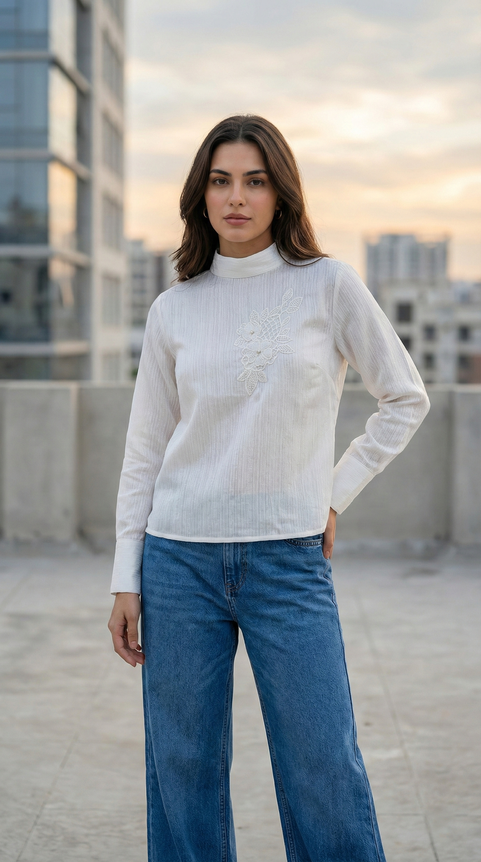 Elegant White Shirt for Women  Invers Style with Customisable Buttoned Sleeves